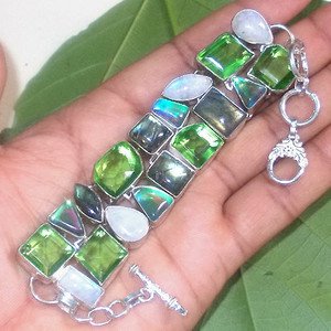 Blue Flashing Labradorite Moonstone Peridot Opal Multi 925 Silver Bracelet 6.5"