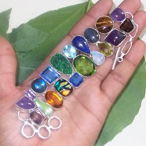 Labradorite Tiger Eye Amethyst Dichroic Glass Gemstone Adjustable Bracelet 7.5"