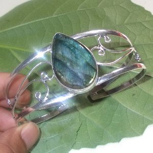 Blue Flashing Pear Labradorite 925 Silver Handmade Gemstone Bangle Size 8"