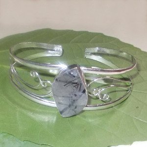 Black Rutile Quartz Handmade 925 Silver Fashion Gift Jewelry Bangle Size 8"