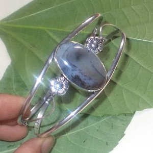 Oval Shape Dendritic Opal Gemstone Bangle- 925 Silver Fantasy Bangle Size 8"