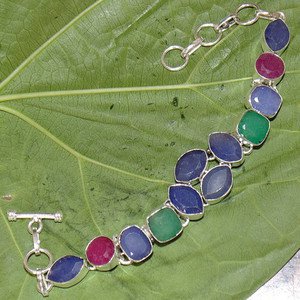 Kashmiri Emerald Ruby Blue Sapphire Fantasy 925 Silver Size 6.5" Bracelet