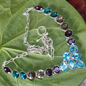 Amethyst Blue Topaz Smoky Quartz Diopside Quartz Gems 925 Silver Necklace 18.5"