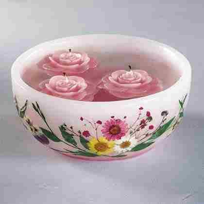 Pink Floating Rose Candles in Wax Bowl