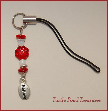Red White silver BELIEVE beaded Cell phone charm