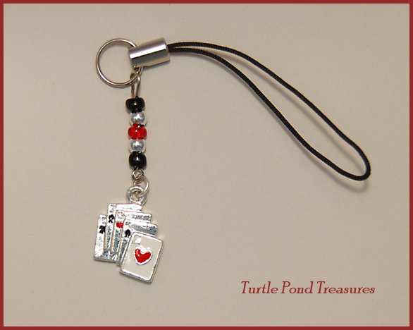 Silver cards aces POKER beaded Cell phone charm