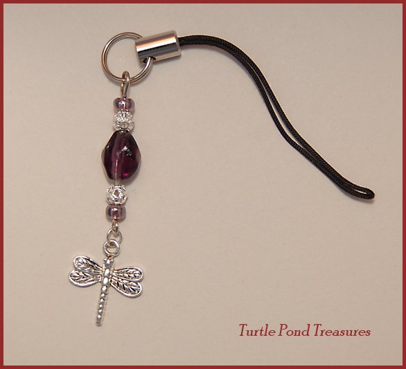 Purple Silver DRAGONFLY beaded Cell phone charm