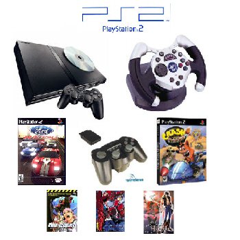 PS2 Slim Sony Playstation 2 System "Movie Bundle" - 2 Games, 1 Wheel, Wireless Controller and more