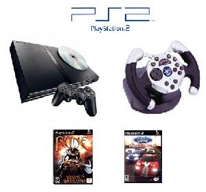PS2 Slim Sony Playstation 2 System "Racing Bundle" - 2 Games, 1 Wheel and more