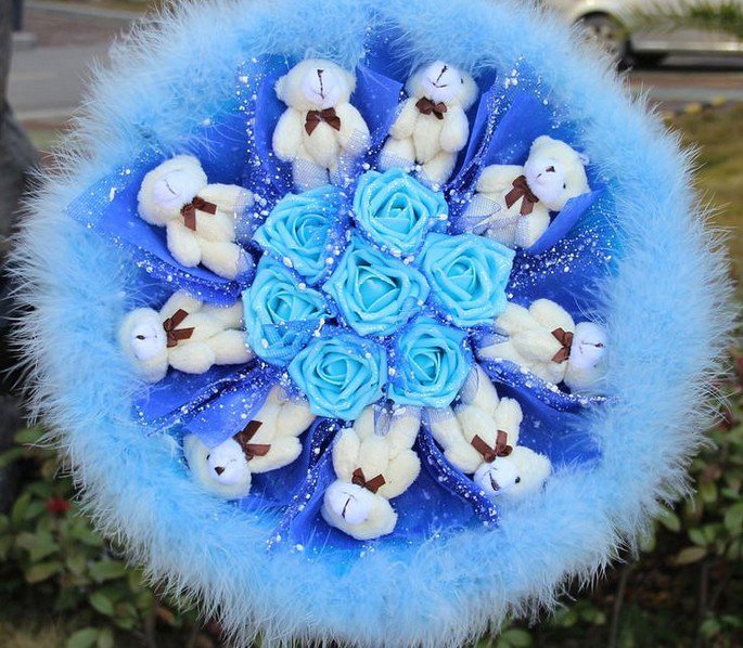 Teddy Bear Doll Cartoon Bouquet UK Sale Valentine's Day Wedding Birthdays Gift - Blue