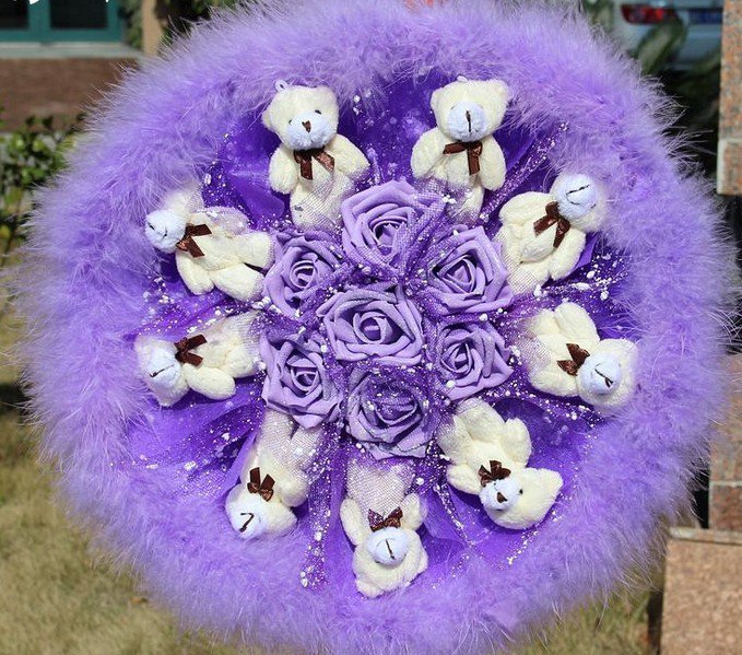 Teddy Bear Doll Cartoon Bouquet UK Sale Valentine's Day Wedding Birthdays Gift - Purple