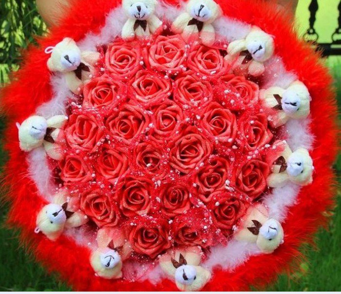 Wholesale Cartoon Bouquet Teddy Bear Doll Bouquet Valentine's Day Wedding Birthdays Gift - Red