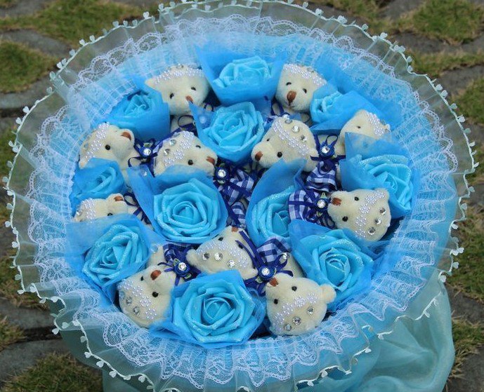 Wholesale 11 Teddy Bear Dolls 11 Roses Bouquet Valentine's Day Wedding Birthdays Gift - Blue