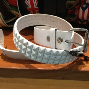 White Leather White Studded Spike 3Row Pyramid Snap On Belt Silver Buckle XL