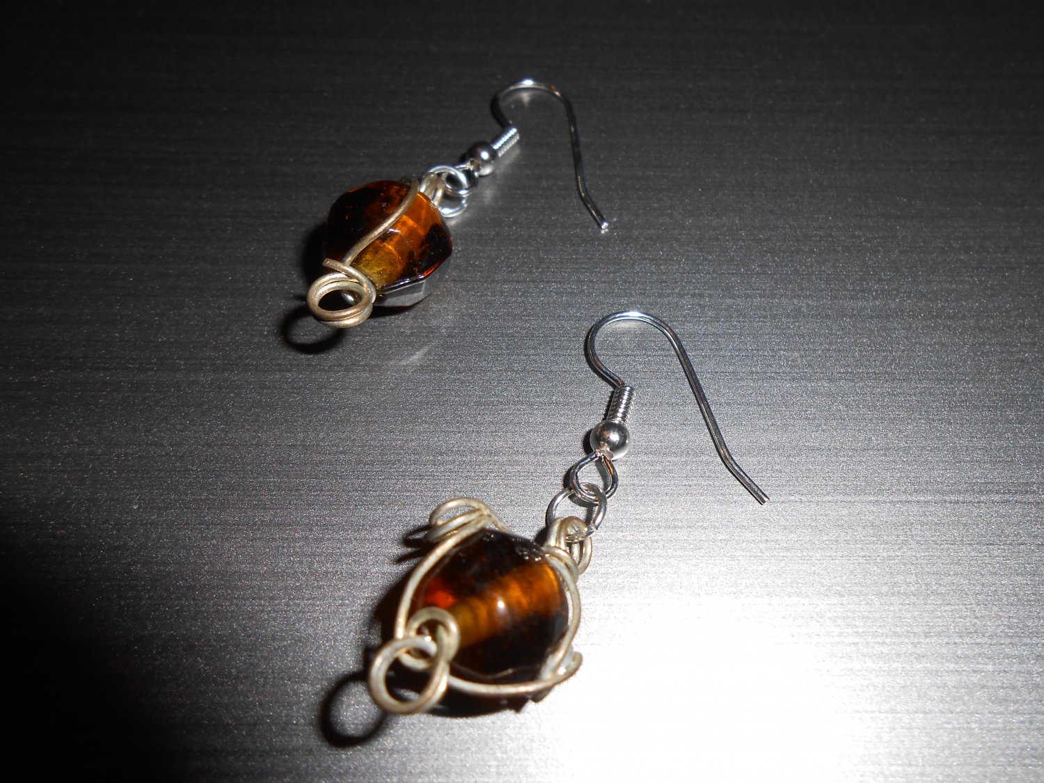Wire Wrapped Brown Glass Drop Earrings