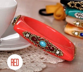 Square Shaped Rhinestone Bangle Bracelet (Red)