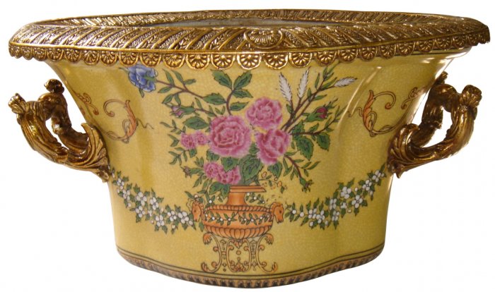 YELLOW PORCELAIN FLOWER POT W/ BIRDS SHAPED BRASS