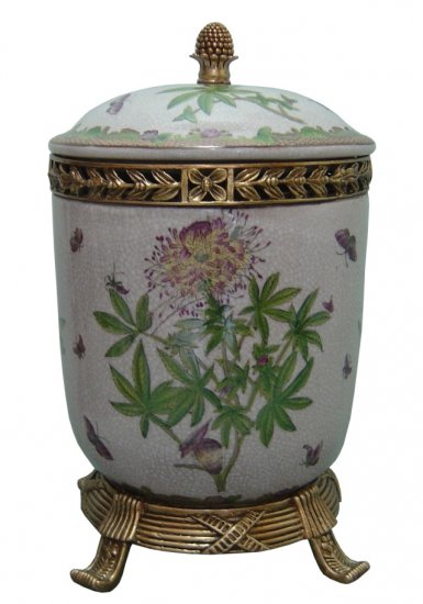 PORCELAIN FLORAL JAR W/ LID AND ANTIQUE LOOK BRASS
