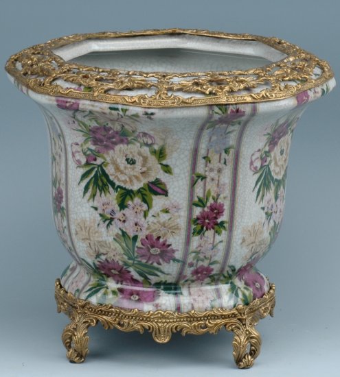 FLORAL PORCELAIN BOWL ACCENTED WITH ANTIQUE BRASS