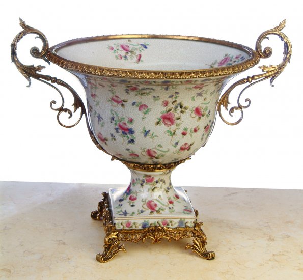 PORCELAIN HAND PAINTED BOWL WITH ANTIQUE SOLID BRASS AND BRONZE