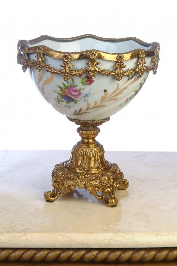 PORCELAIN HAND PAINTED BOWL WITH ANTIQUE SOLID BRASS & BRONZE