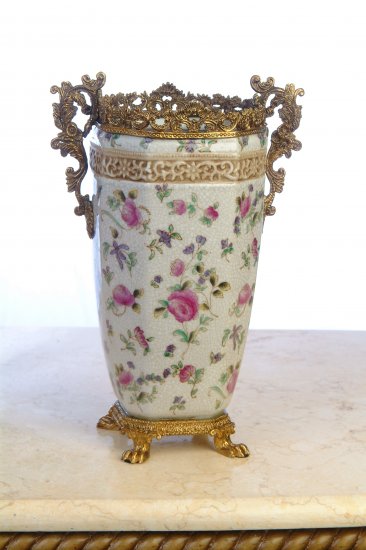 PORCELAIN VASE WITH BRASS TRIM, ANTIQUE STYLE, HAND PAINTED