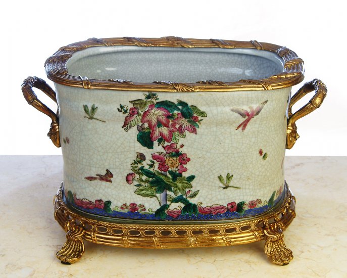 HUGE HAND PAINTED FLORAL PORCELAIN POT WITH BRASS