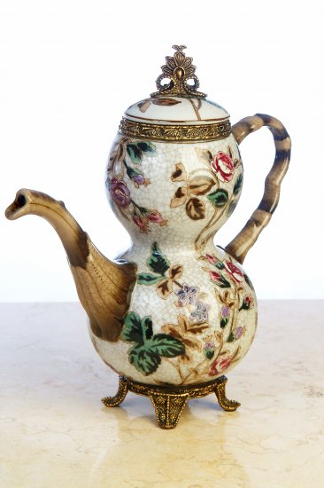 PORCELAIN TEAPOT ANTIQUE STYLE W/ LID & BRASS TRIM