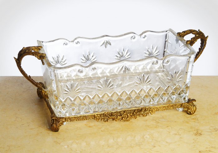CARVED CRYSTAL WITH ANTIQUE BRASS RECTANGLE PLANTER,Free Shipping