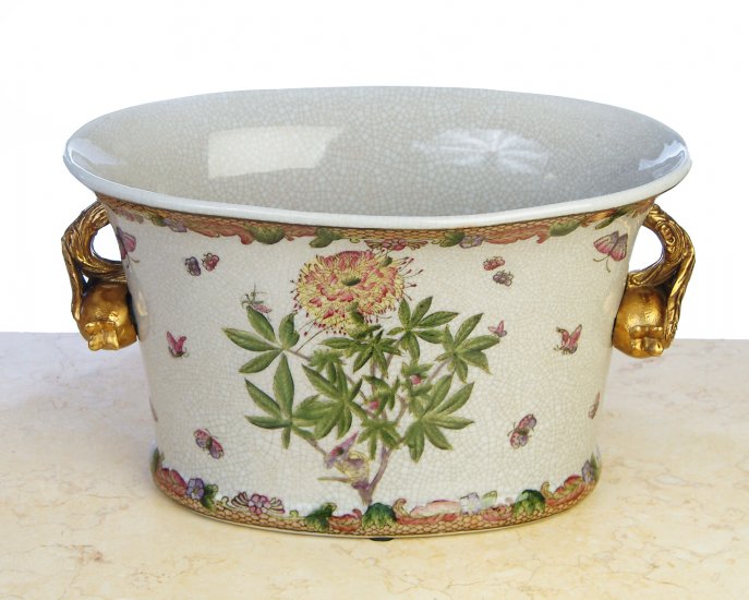 HAND PAINTED FLORAL PORCELAIN POT WITH BRASS
