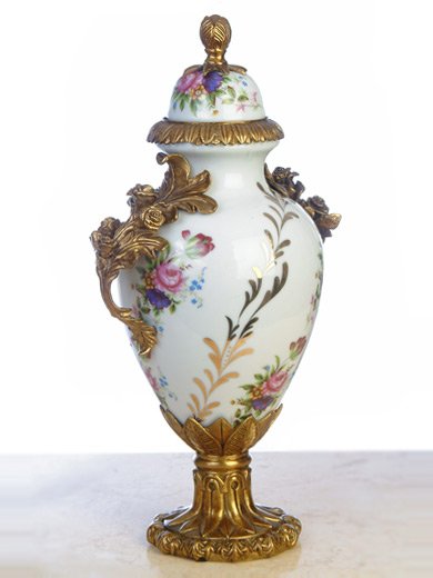 PORCELAIN HAND PAINTED URN WITH ANTIQUE ROSE SHAPED BRASS-BRONZE