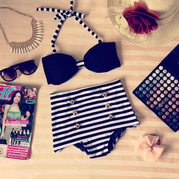 Vintage Retro Pin Up Black Stripes High Waist Bikini Swimsuit Swimwear