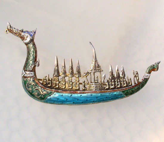 ALEX & CO Vintage SIAM STERLING Enamel SERPENT BOAT Brooch
