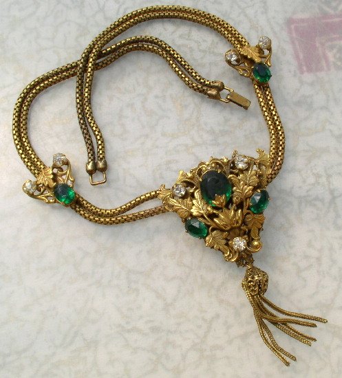 ART NOUVEAU Vintage GREEN RHINESTONE & Brass SLIDE NECKLACE