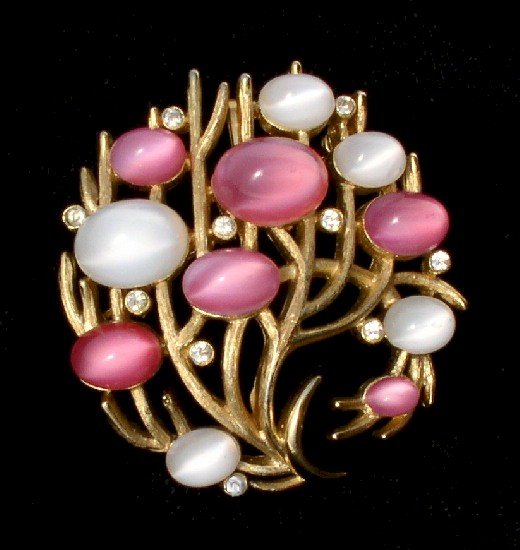 TRIFARI PINK Vintage RHINESTONE Poured GLASS BROOCH