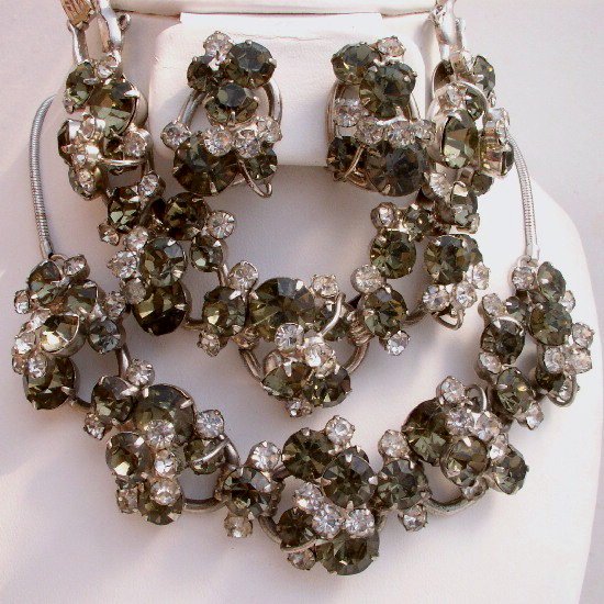 JULIANA Vintage D&E SMOKE Gray RHINESTONE Necklace BRACELET Earrings PARURE