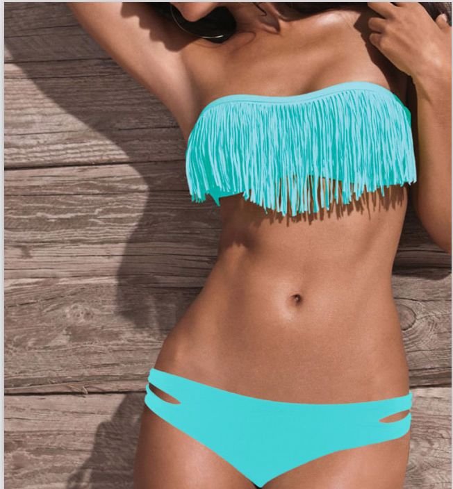 SEXY Lady's Tassel PAD Bandeau Fringe Top BIKINI Bottom BEACH Swimsuit SWIMWEAR