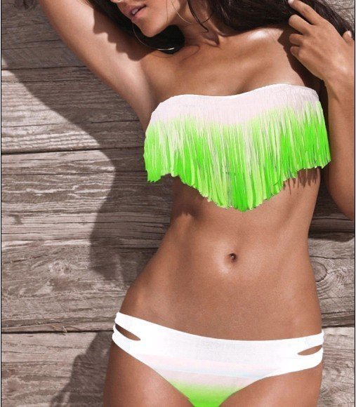 SEXY Lady's Tassel PAD Bandeau Fringe Top BIKINI Bottom BEACH Swimsuit SWIMWEAR