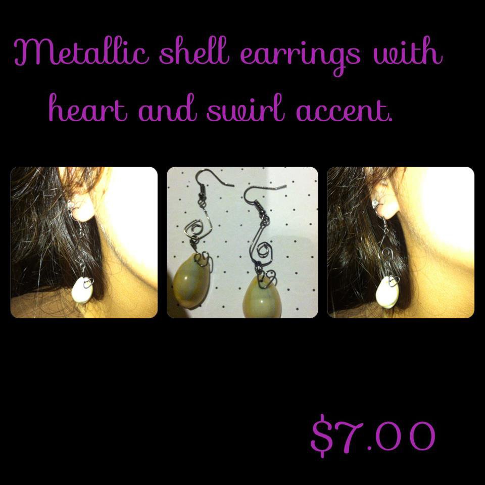 Metallic Cowry Shell Earrings with Swirls & Hearts