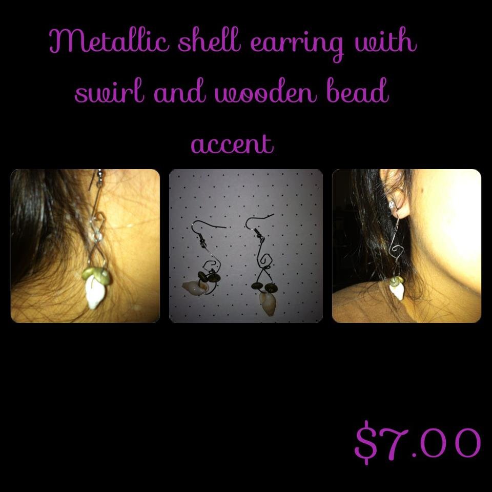 Metallic Cone Shell Earrings with Swirl & Wooden Bead Accents