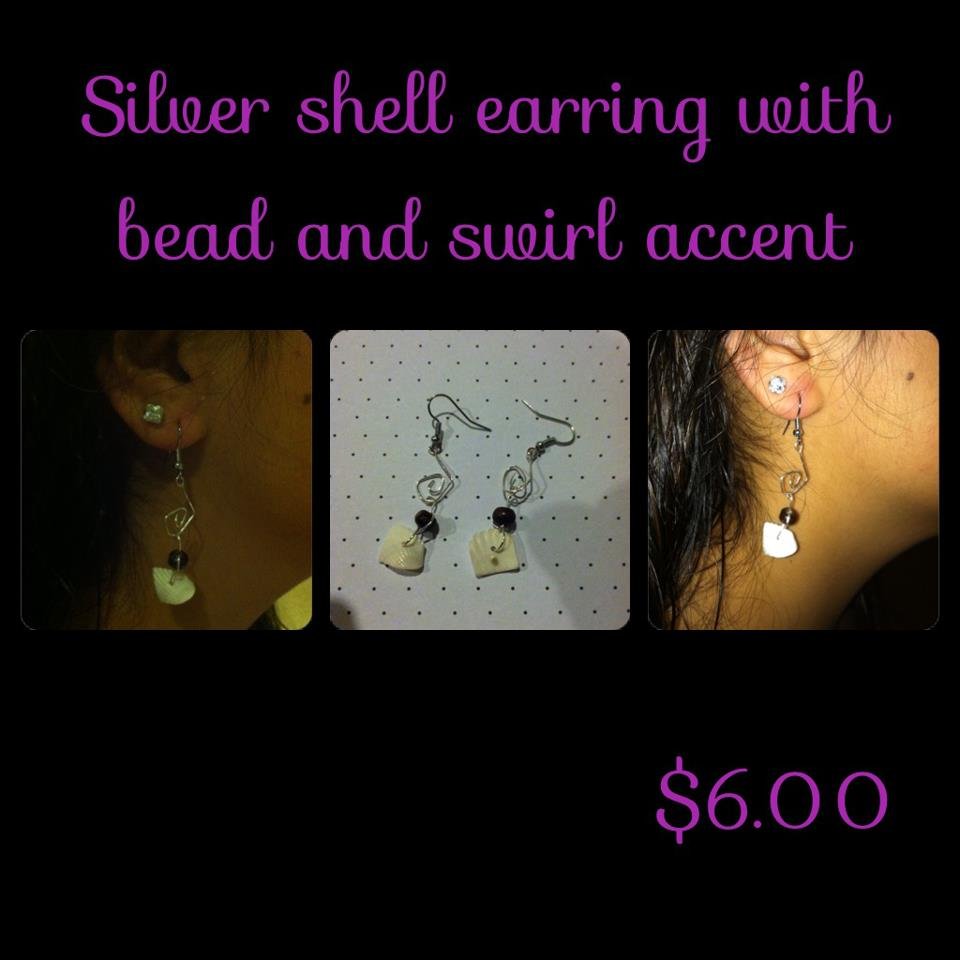 Silver White Shell Earrings with Swirls & Bead Accent
