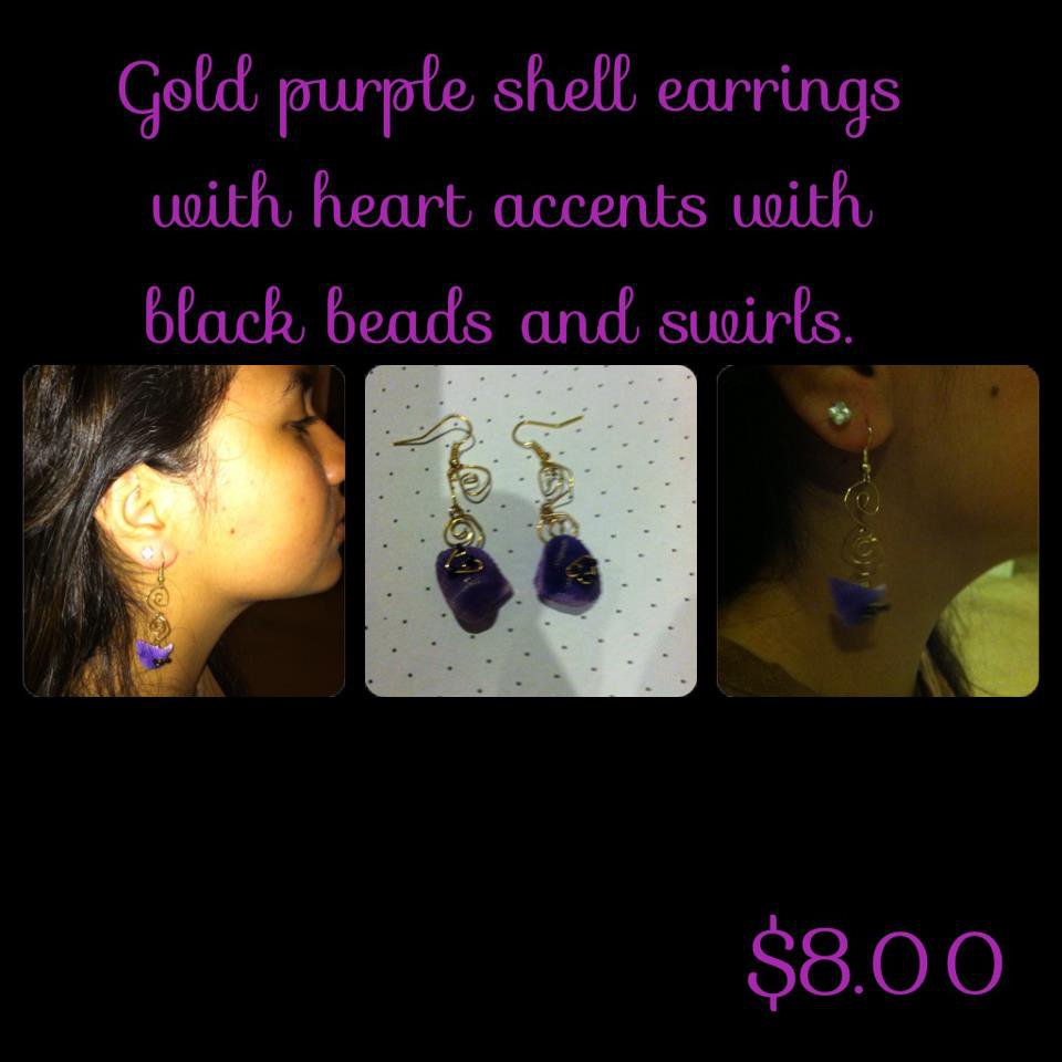 Gold Purple Shell Earrings with bead accents & Swirls