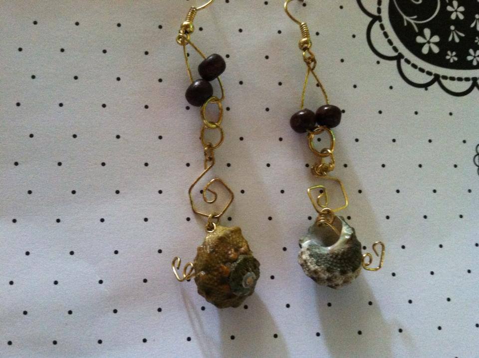 Gold Shell Earrings with Swirls & Wooden Beads.