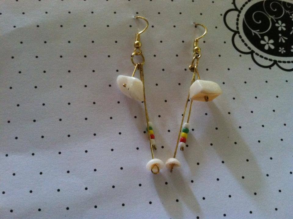 Chandelier style puka shell earrings with reggae bead accents.