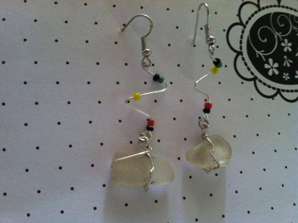Hand picked sea glass earrings with reggae bead accents.
