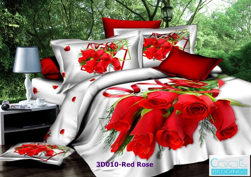 3D 100% cotton Red Rose Bedding Set (King Size )