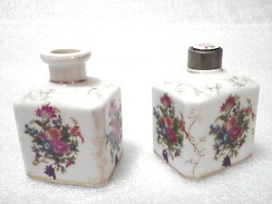 ~ LOT IRICE PORCELAIN HAND PAINTED FLOWERS VANITY PERFUME BOTTLES