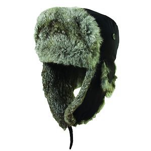 GENUINE Rabbit Fur-Trooper/Bomber/Russian Winter Fold Ear Flap Hat-Black-Small