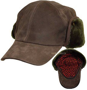 Woolrich LEATHER-Folding Ear/Neck Flap Fur Cap-Aviator-Trooper Hat-Brown-MEDIUM