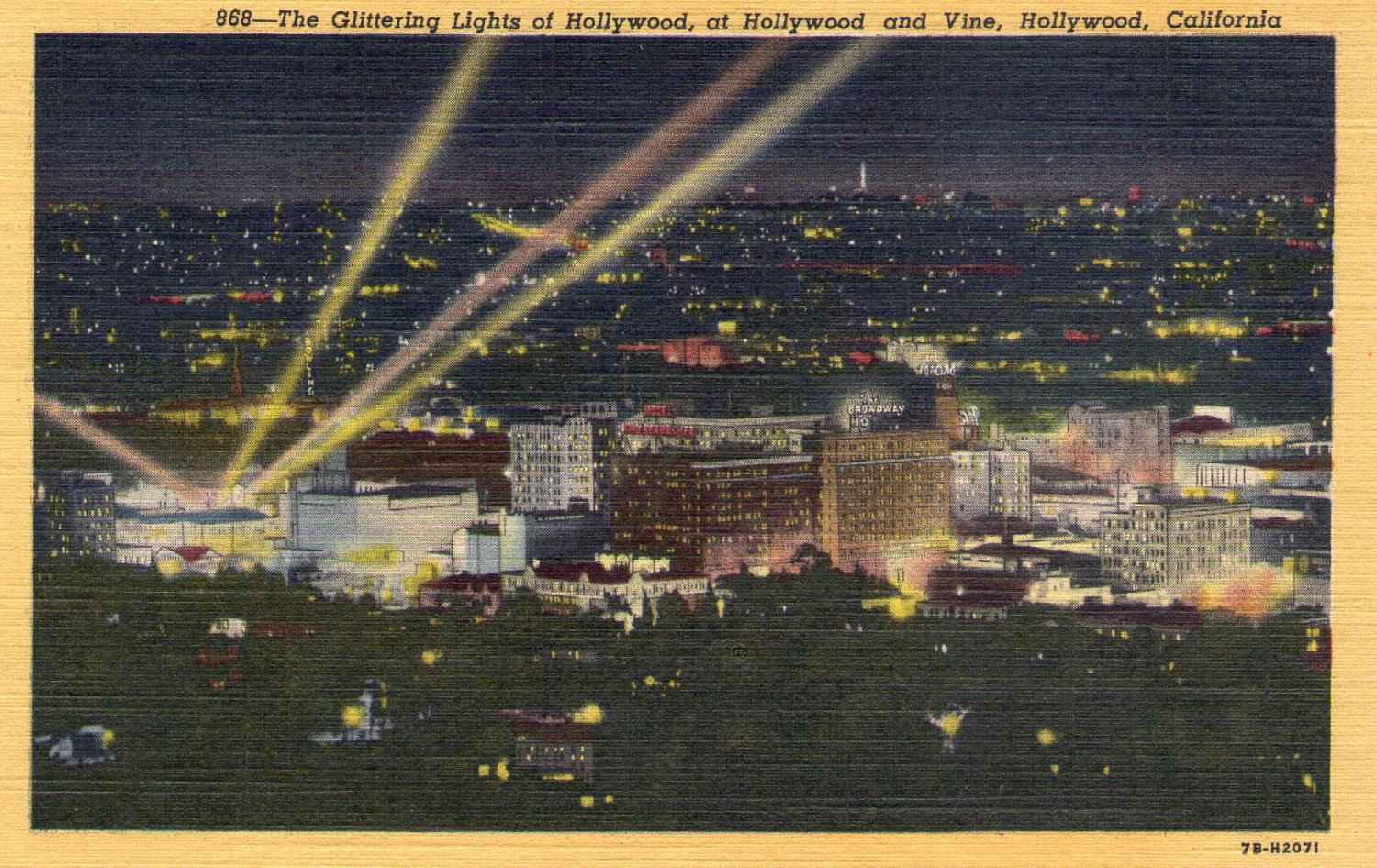 Hollywood- C. T. Art "Lights of Hollywood, California" Linen Postcard